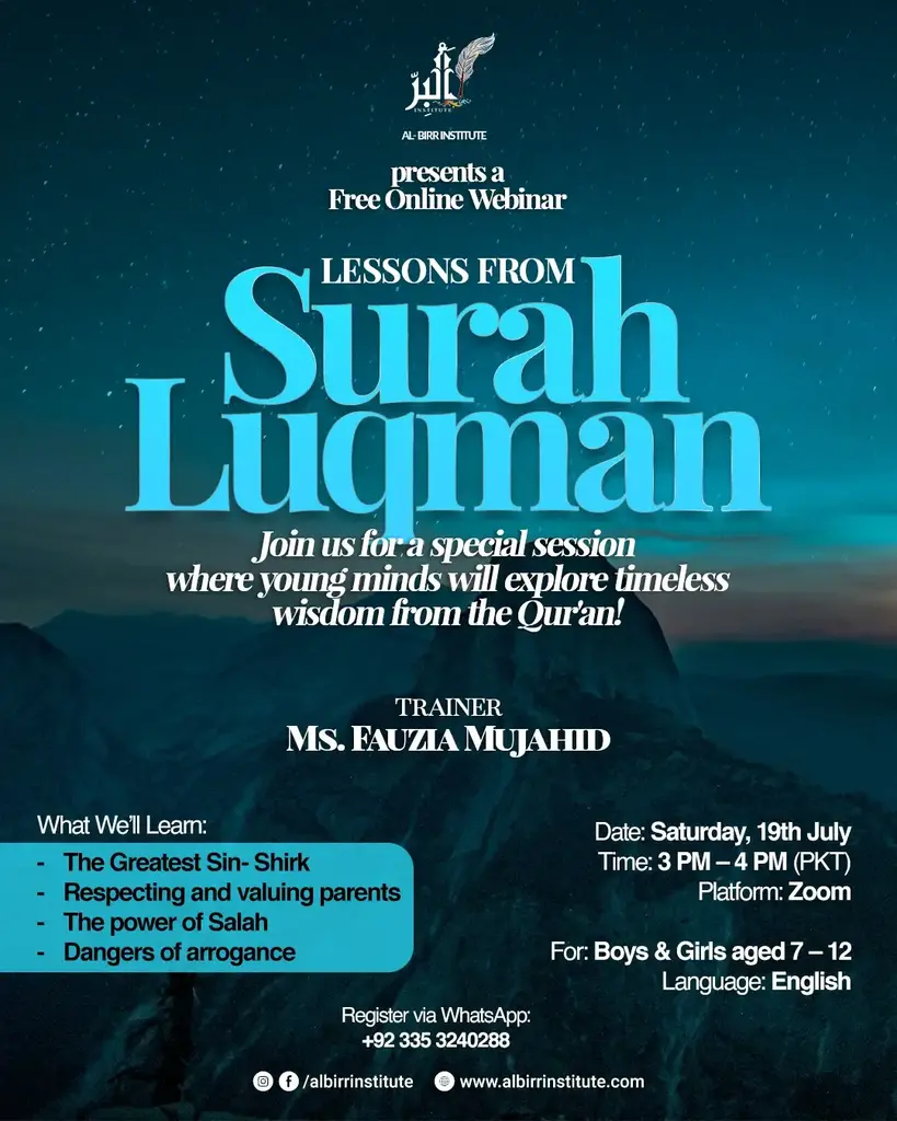 A digital flyer promoting the “Timeless Lessons from Surah Luqman” webinar by Al-Birr Institute for kids aged 7–12, featuring date, time, and registration info.