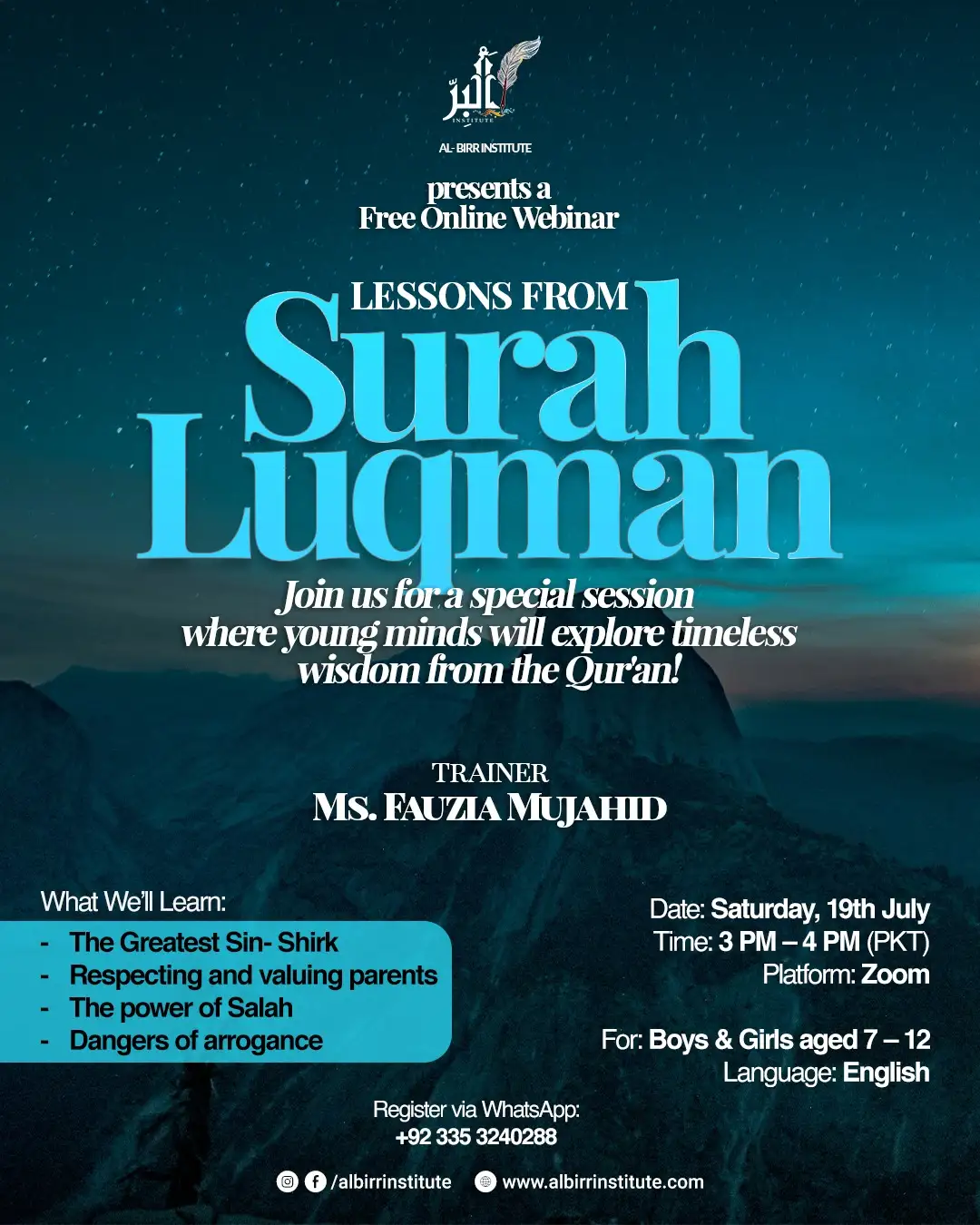 A digital flyer promoting the “Timeless Lessons from Surah Luqman” webinar by Al-Birr Institute for kids aged 7–12, featuring date, time, and registration info.